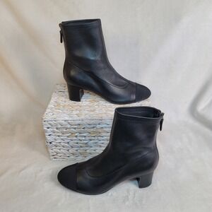 Chanel Cap Toe Black Leather Ankle Boots 40C/9.5W CC Logo Grosgrain Made Italy